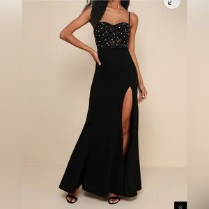 Lulu's Luxe Allure Black Beaded Rhinestone Bustier Maxi Dress